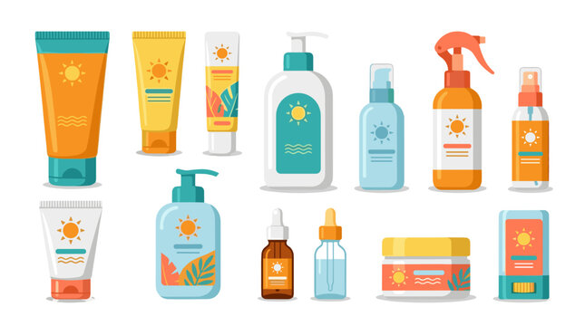 Sunscreen skincare containers collection with lotion tubes bottles sun protection concept for beach travel retail cosmetics wellness packaging seasonal health promotion travel visual