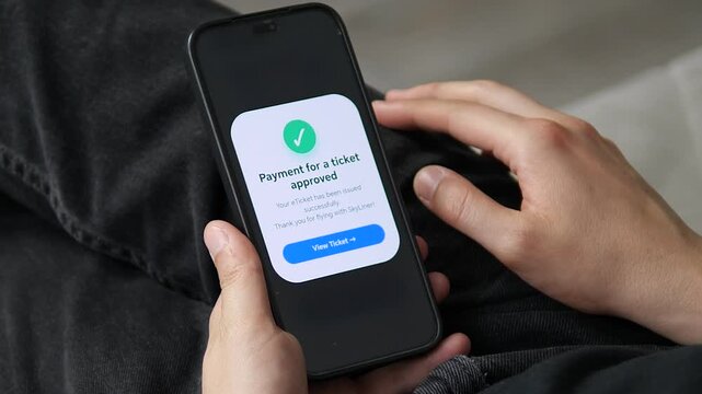 Instant flight eTicket issuance confirmation on a smartphone. Great for travel booking platforms, airline apps, and seamless vacation planning commercial content.