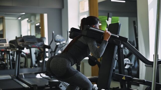 A woman in her late twenties performs a squat exercise in a gym setting. The activity emphasizes body movement as she engages with workout equipment to enhance strength