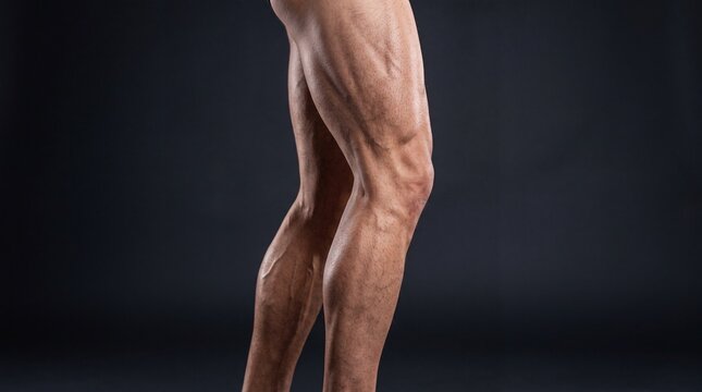 Muscular male leg with defined quadriceps and calf muscle, standing on tiptoe against dark background, showcasing strength and fitness in studio setting