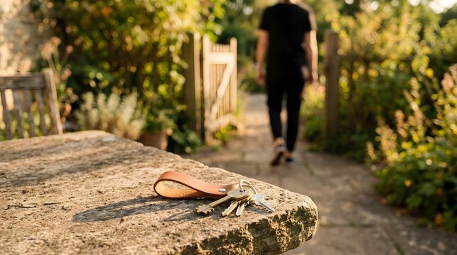 Forgotten House Keys On Stone Table With Person Walking Away In Blur Background Golden Hour Light