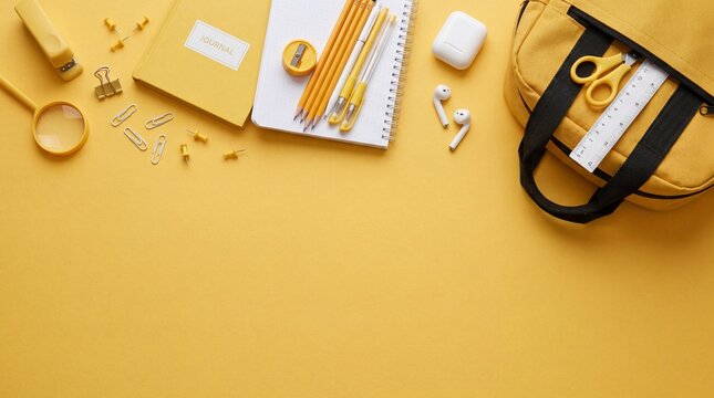 Yellow school supplies and accessories on yellow background
