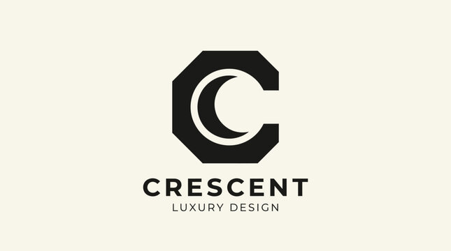 A minimalist graphic logo featuring a stylized letter shape with a crescent moon symbol inside