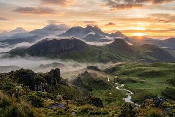 Fototapeta premium Majestic mountain range with winding river at sunrise