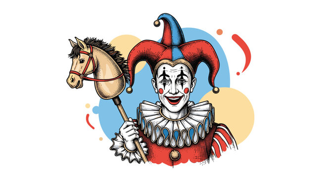 Smiling jester wearing a colorful red and blue hat holds a wooden hobby horse against a bright background with pastel circles.