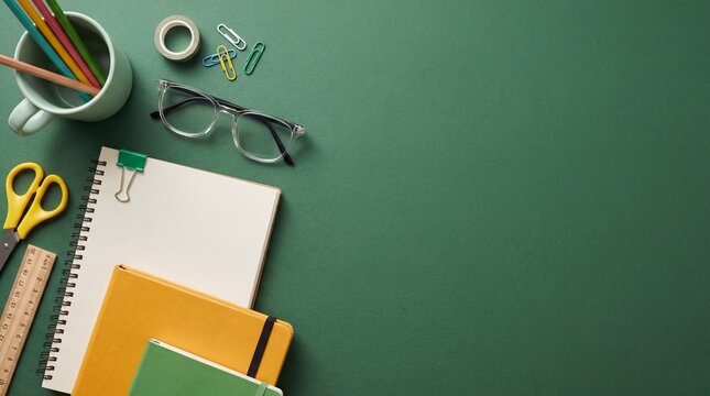 Green background with office supplies and school stationery