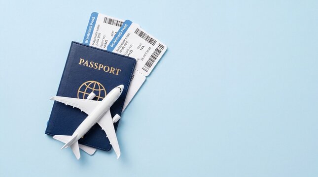 Navy blue passport with airplane model and boarding tickets on light blue background