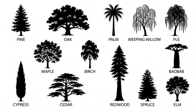 Overall, this image is an educational illustration that shows the shapes and characteristics of various types of trees from around the world in simple silhouette form. Part 2