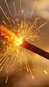 Vertical video: Ignition starting sparkler stick emitting golden sparks in macro view, with embers