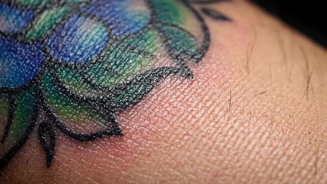 Detailed view of vibrant blue and green tattoo on textured human skin