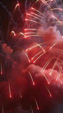 Vertical video: Detonating red shells filling sky at night with red smoke, sending embers for show