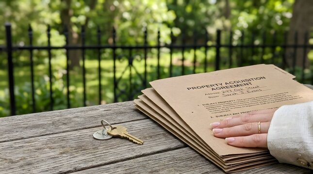 Real Estate Property Acquisition Agreement Folders With House Keys On Wooden Table Outdoor Background