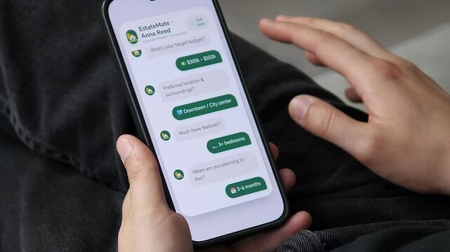 Conversational AI house hunting. User filters budget and features to find a perfect home, then taps to schedule a viewing. Ideal for PropTech, real estate apps, and smart search marketing.