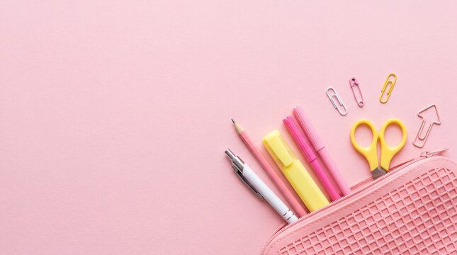 Pink pencil case with school supplies spilling out