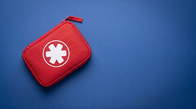 Red first aid kit pouch with white medical symbol on blue background