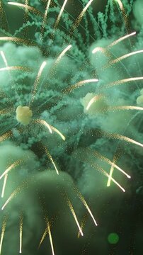 Vertical video: Sparking fuse sending shells bursting over dark sky, smoke pluming and gold sparks
