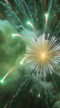 Vertical video: Lighting fuses, aerial shells bursting in night sky for display, with green trails