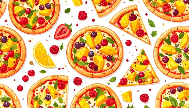 Colorful Fruit Topped Pizza Pattern Background.