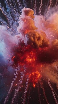 Vertical video: Igniting charge creating bright fireball with colored smoke in night sky for effect