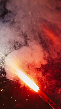 Vertical video: Igniting flare rod emitting flame, spraying sparks and smoke at night, copy space