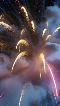 Vertical video: Detonating shell launching aerial burst and smoke in night sky, with golden trails