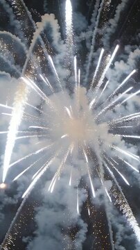 Vertical video: Lighting fuse fireworks bursting in night sky making trails, sparks, smoke for show