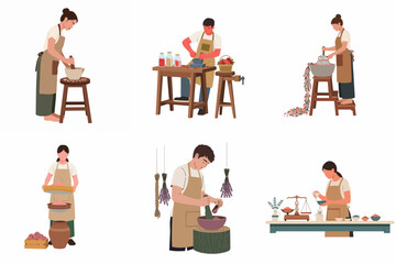Fototapeta premium Collection of six illustrations showing people in aprons preparing herbal and spice products using traditional methods like grinding, sieving and weighing.