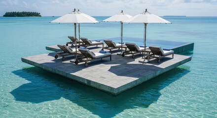 Fototapeta premium Exotic Overwater Resort With Infinity Pool And Lounge Chairs