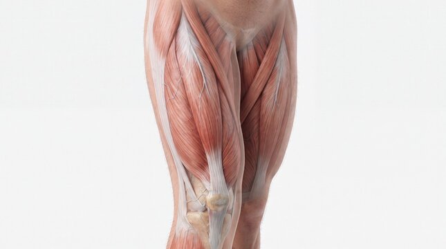 Human leg muscle anatomy quadriceps hamstring and knee joint visible detailed anatomical illustration educational medical reference isolated on white background