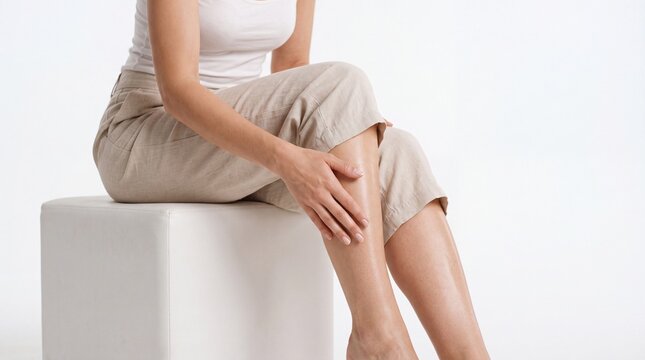 Woman leg smooth skin sitting on white cube wearing beige pants and white top touching leg skincare beauty healthy lifestyle relaxation studio light background