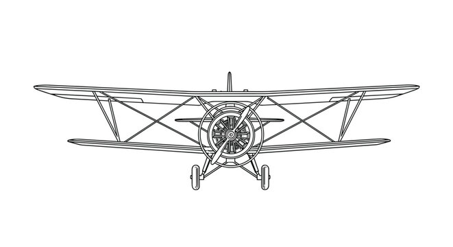 Detailed black and white technical line drawing of a classic vintage biplane propeller aircraft viewed from the front.