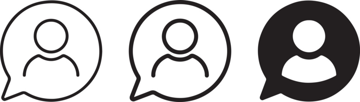 User profile chat bubbles line art and solid black icon set