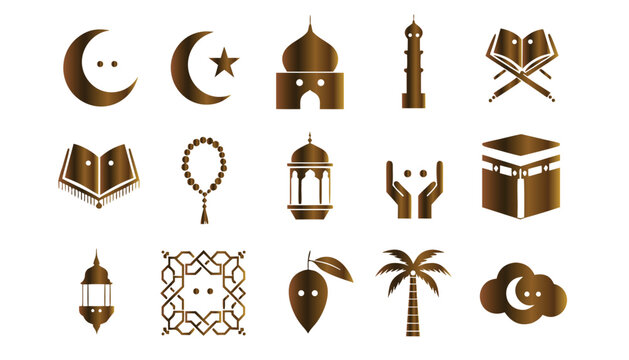 Islamic cultural symbols like moon, star, mosque, minaret, Quran and rosary