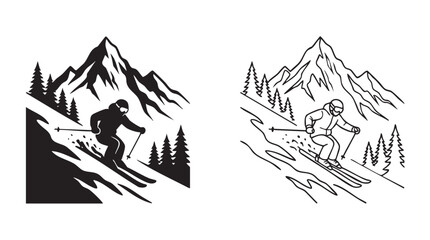 Fototapeta premium skier descending snowy mountain with pine trees and peaks featuring skiing, snow, peak