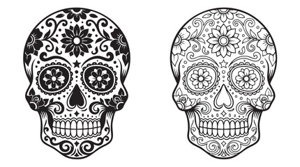 Fototapeta premium skull with intricate floral designs and patterns featuring line art, black, white