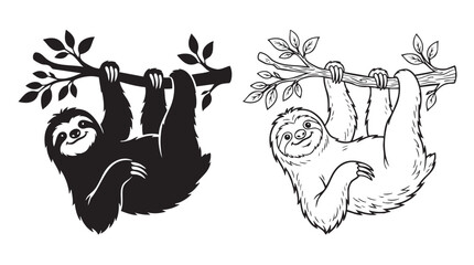 Fototapeta premium sloth hanging upside down on a tree branch in black and white illustration