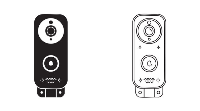 smart doorbell with camera and speaker in black and white featuring home, security
