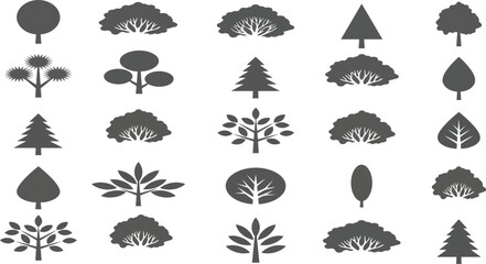 Fototapeta premium Minimalist Grey Tree and Bush Silhouettes Vector Illustration Icon SetMinimalist Grey Tree and Bush Silhouettes Vector Illustration Icon Set