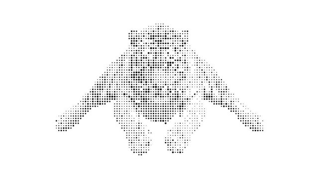 Abstract halftone graphic animation of wild tiger body motion silhouette jumping in rhythmic pattern on white backdrop.