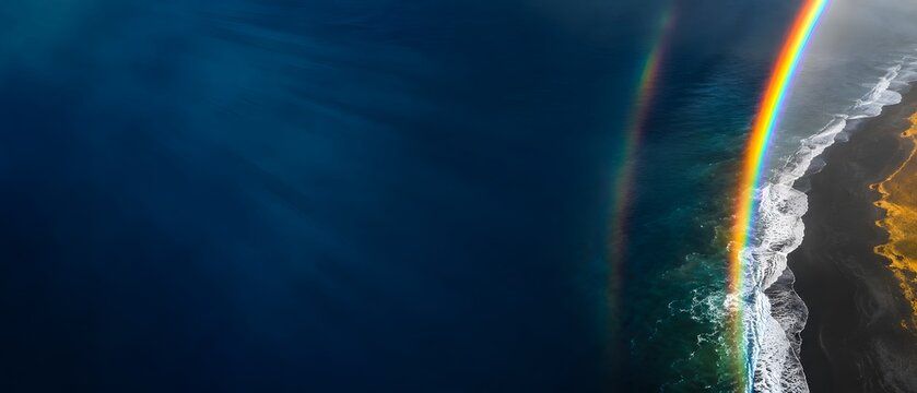 Aerial view of spectacular double rainbow over black sand beach and deep blue ocean with large copy space, travel and hope concept