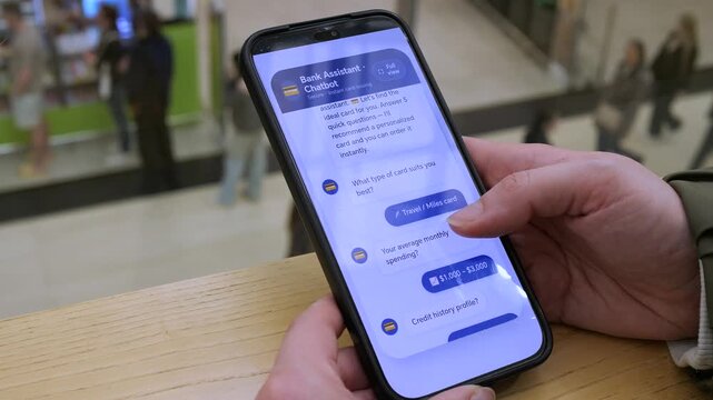 Mobile AI bank assistant guiding a user through travel card selection. Tapping spending limits and credit scores to instantly find the perfect rewards card. Ideal for travel finance and FinTech ads.