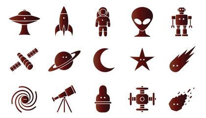 Set of 15 brown space exploration and astronomy vector icons for celestial themed designs © Sadhin07