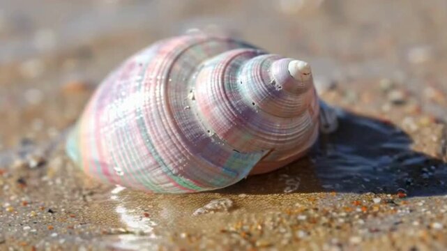 A colorful spiral seashell resting on wet sand at the beach, showcasing its intricate patterns and soft pastel hues.