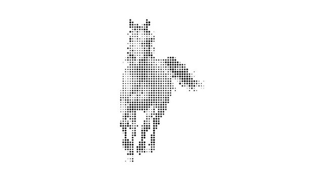 Running horse in dot art style motion graphic, animal in pixelated animation and abstract movement on white background.