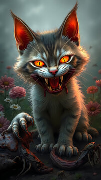 Ferocious gray kitten with glowing orange eyes and sharp teeth posing in floral landscape.