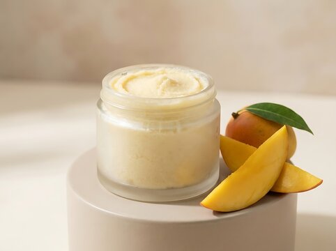 Natural mango body butter cream in a glass jar with fresh mango fruit slices. mango butter