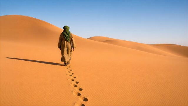 A person walks across sand dunes in the Sahara at sunset, leaving footprints in the golden light.