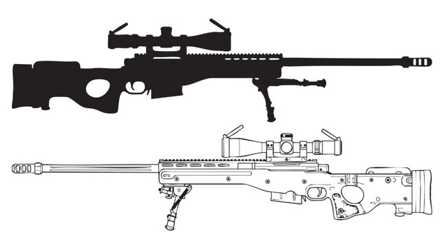 sniper rifle with scope and detailed diagram illustration featuring weapon, firearm