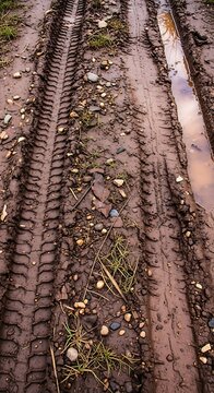 A close-up photograph of muddy tire tracks with puddles