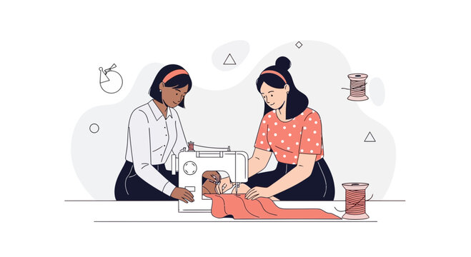 Diverse Women Sewing Together at a Machine, Illustration of Collaboration and Craftsmanship